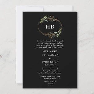Invitation Monogramme de couronne d'eucalyptus noir d'or