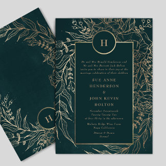 Invitation Monogramme de couronne d'or et d'émeraude vert