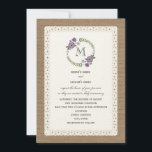 Invitation Monogramme de couronne violette inspirée par Burla<br><div class="desc">Un faire-part de mariage monogramme avec une illustration de fleurs violettes et de verdure disposés en cercle au sommet. Personnalisez avec votre cercle interne initial. Personnalisez le texte avec les détails de votre occasion. L'expression est de marié et marié. Arrière - plan est burlap inspiré par la dentelle design sur...</div>