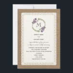 Invitation Monogramme de couronne violette inspirée par Burla<br><div class="desc">Un faire-part de mariage monogramme avec une illustration de fleurs violettes et de verdure disposés en cercle au sommet. Personnalisez avec votre cercle interne initial. Personnalisez le texte avec les détails de votre occasion. L'expression est de marié et marié. Arrière - plan est burlap inspiré par la dentelle design sur...</div>
