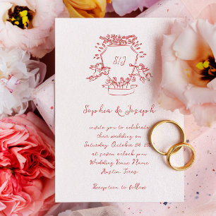 Invitation Monogramme de crête à main rouge lunaire MARIAGE