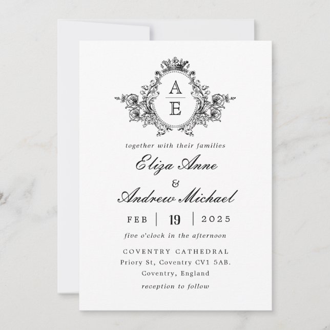 Invitation Monogramme de crête baroque Mariage noir et blanc (Devant)