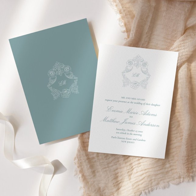 Invitation Monogramme de crête bleu foncé Mariage sophistiqué (Créateur téléchargé)