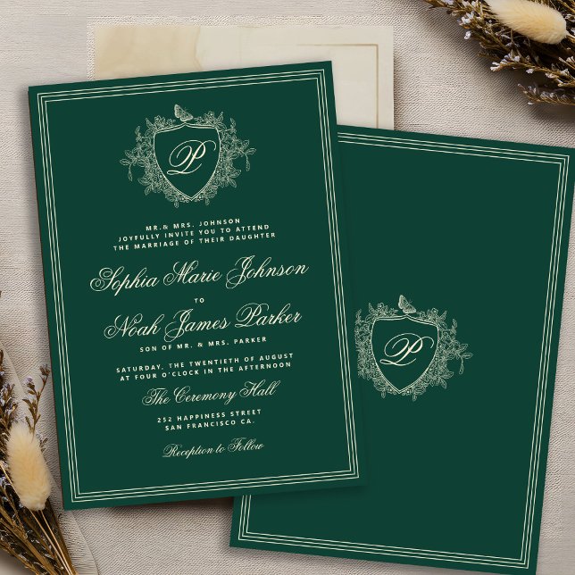 Invitation Monogramme de crête classique mariage vert émeraud (Créateur téléchargé)