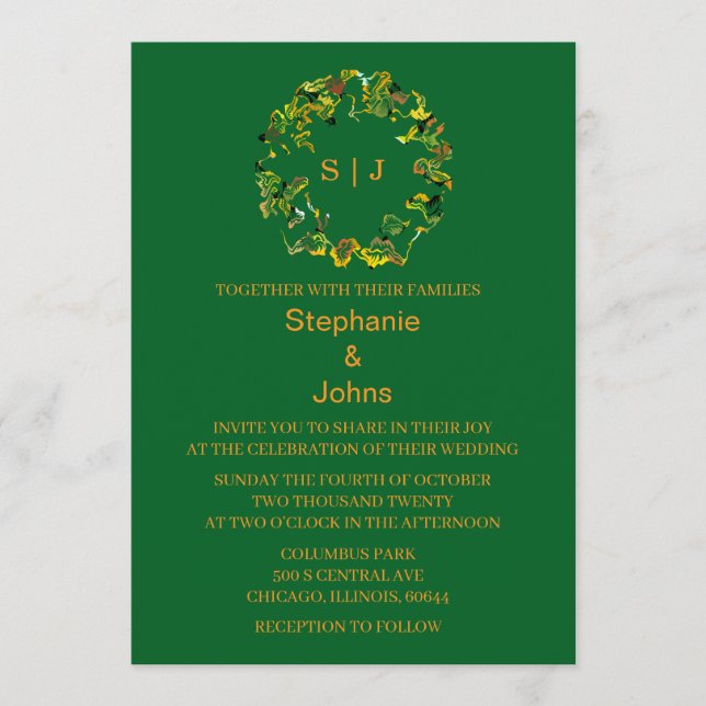 Invitation Monogramme de crête de feuille Orange Vert forêt M (Devant)