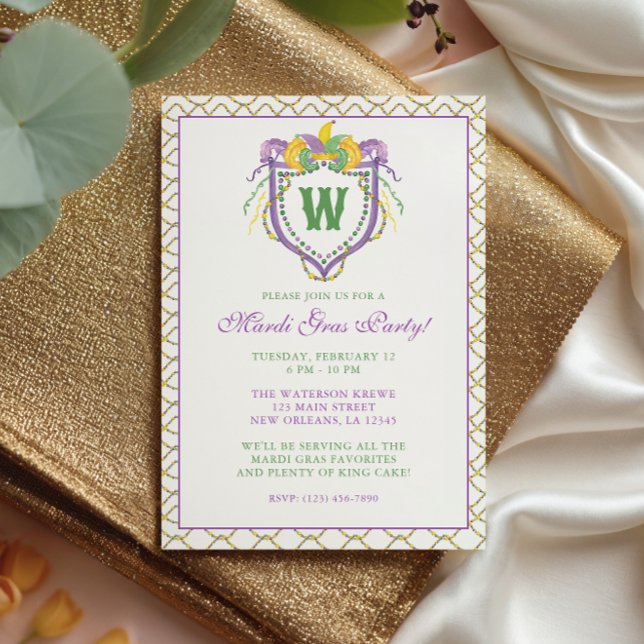 Invitation Monogramme de crête de Mardi Gras à l'aquarelle Fê (Créateur téléchargé)