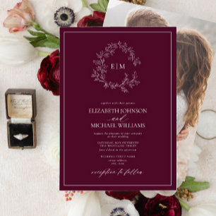 Invitation Monogramme de crête feuillue de Bourgogne Mariage 