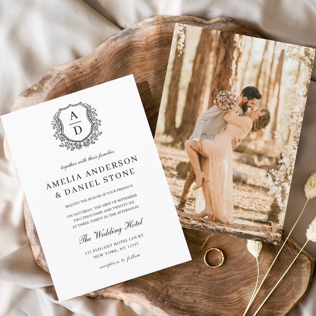 Invitation Monogramme de crête florale - Mariage photo (Créateur téléchargé)