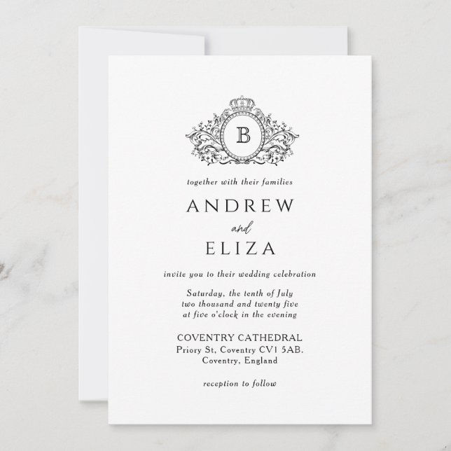 Invitation Monogramme de crête royale, noire et blanche Maria (Devant)