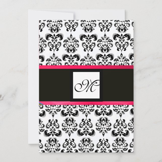 Invitation MONOGRAMME DE DAMAS, noir et blanc, fuchsia rose (Devant)
