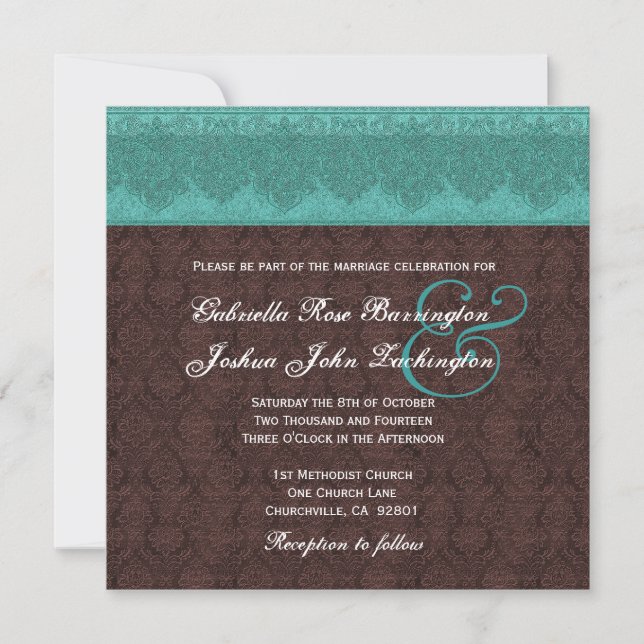 Invitation Monogramme de Damas Turquoise et de chocolat Maria (Devant)