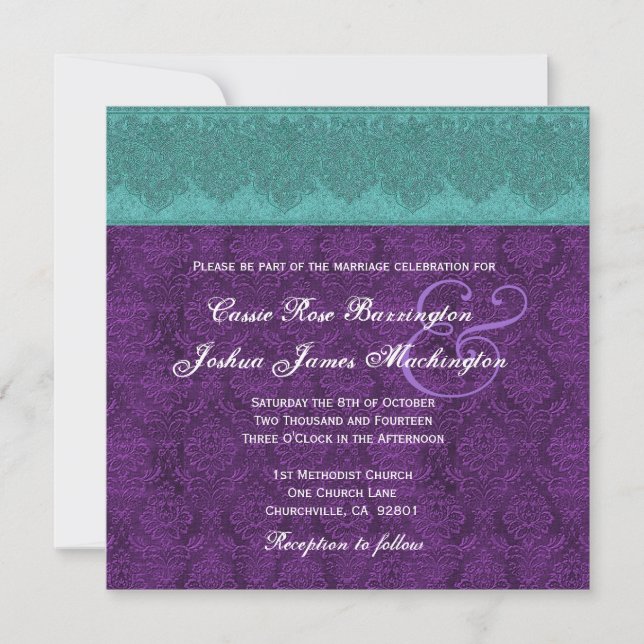 Invitation Monogramme de Damas Turquoise et violet Mariage V1 (Devant)