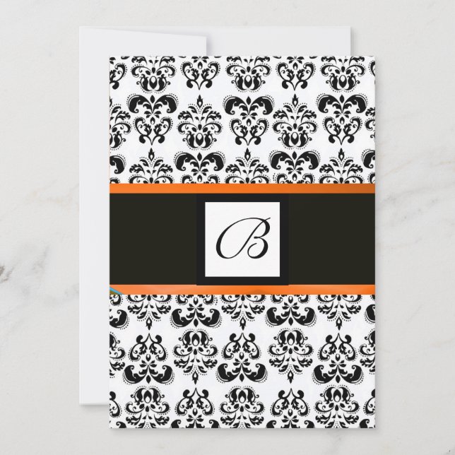 Invitation MONOGRAMME DE DAMASK, noir et blanc, orange jaune (Devant)