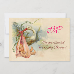 INVITATION MONOGRAMME DE DOUCHE POUR FILLES BÉBÉ EN STORK