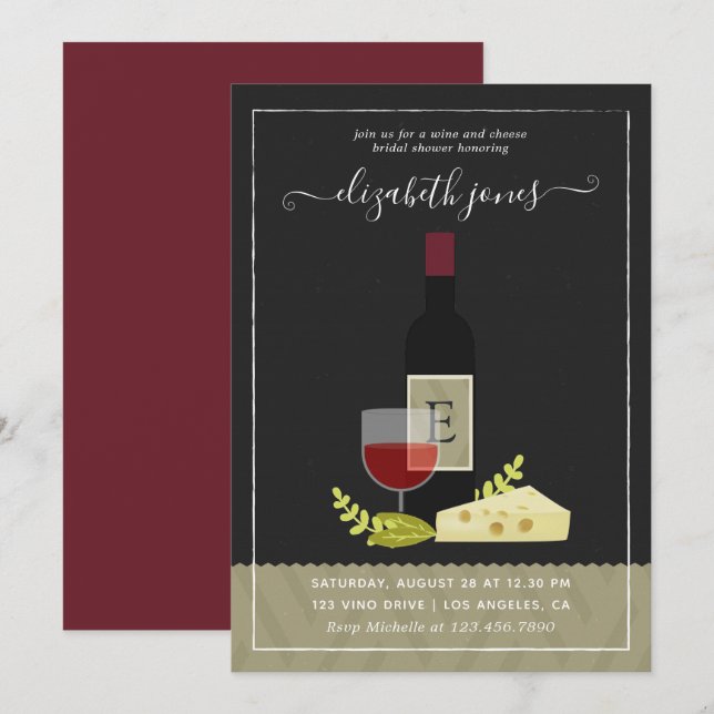 Invitation Monogramme de Fête des mariées de vin et de fromag (Devant / Derrière)