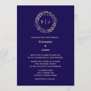 Invitation Monogramme de feuille de crête bleu marine beige M