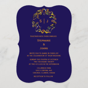 Invitation Monogramme de feuille de crête bleu marine or jaun