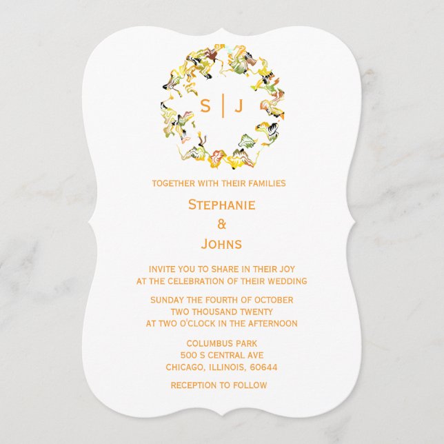 Invitation Monogramme de feuille de crête Orange Or Blanc Chi (Devant)