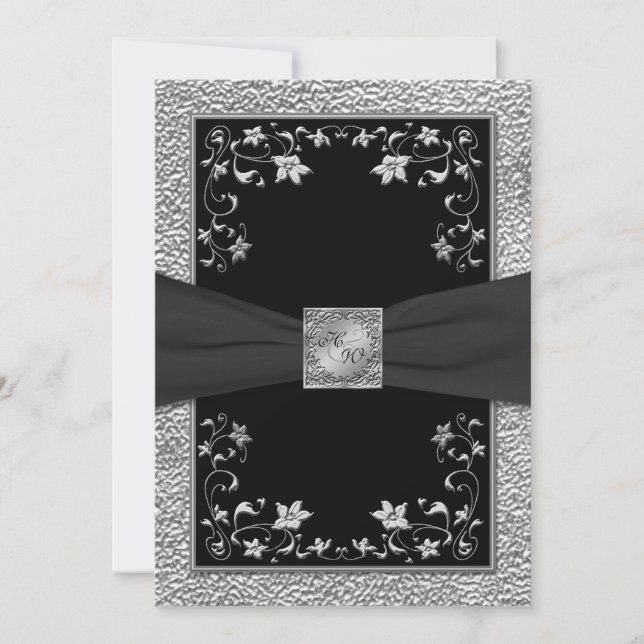 Invitation Monogramme de fleurs noires et d'eaux u (Devant)