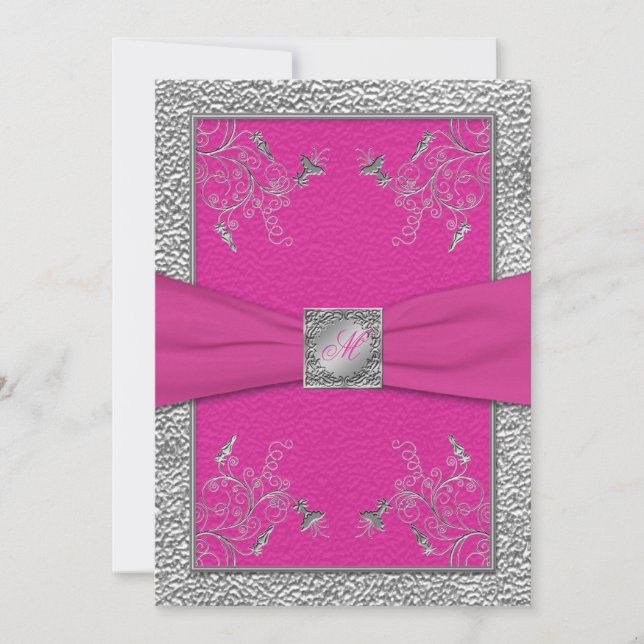 Invitation monogramme de framboise rose et d'eau (Devant)