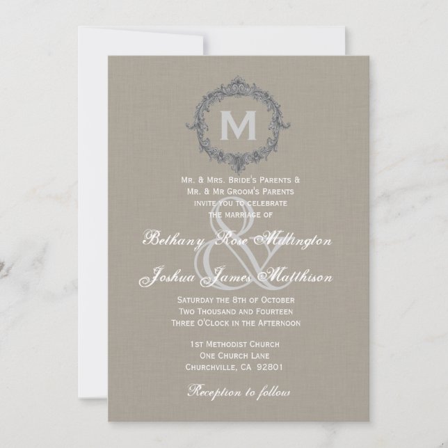 Invitation Monogramme de galets et de cadres gris Mariage V6 (Devant)