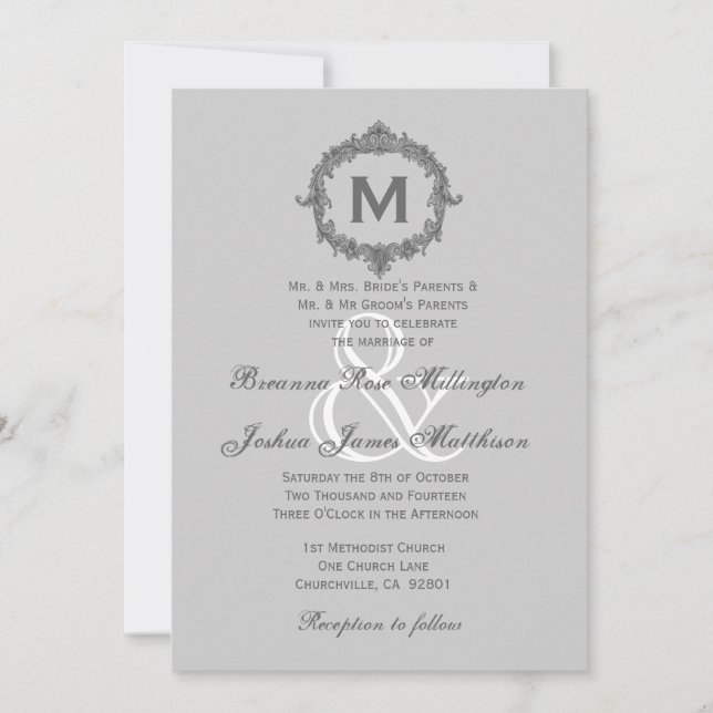Invitation Monogramme de galets pâles et de cadres gris Maria (Devant)