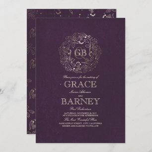 Invitation Monogramme de germe d'or Vintage Mariage de prune