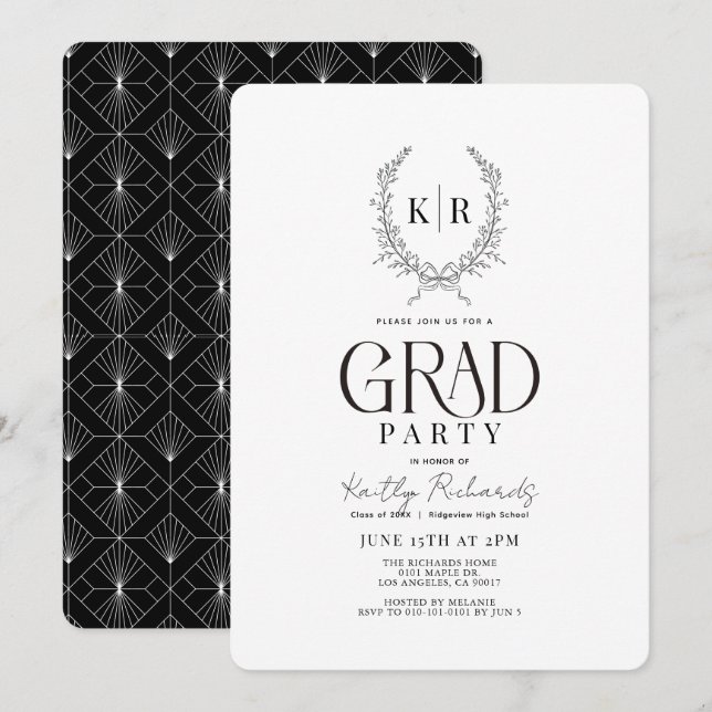 Invitation Monogramme de la crête botanique noire (Devant / Derrière)