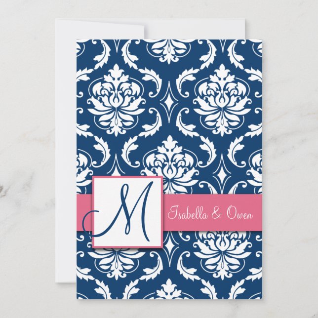 Invitation Monogramme de la marine Blue Damask Pin (Devant)