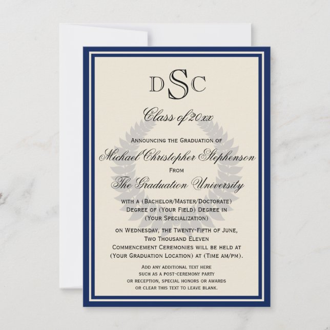 Invitation Monogramme de la Marine Laurier Classique Diplômé  (Devant)
