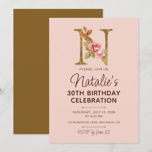 Invitation Monogramme de lettre N oré Roses roses blush
