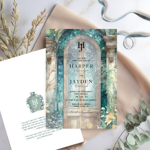 Invitation Monogramme de mariage à l'aquarelle bleu sarcelle