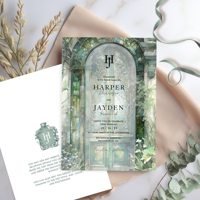 Invitation Monogramme de mariage à l'aquarelle de jardin vert (Créateur téléchargé)
