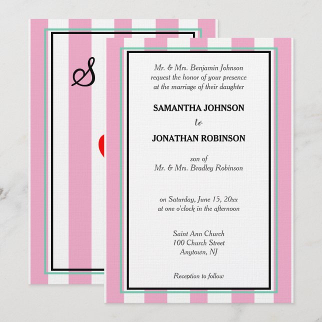 Invitation Monogramme de mariage à rayures roses blanches et  (Devant / Derrière)