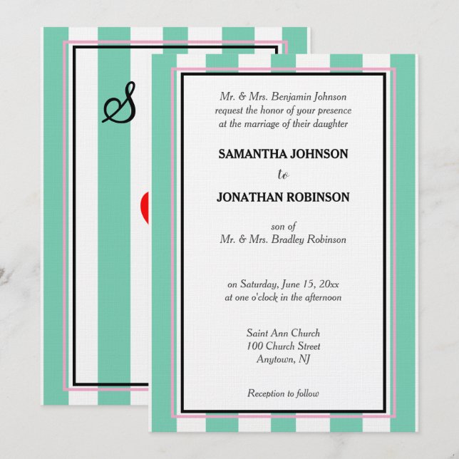 Invitation Monogramme de mariage à rayures verdâtre blanc ros (Devant / Derrière)
