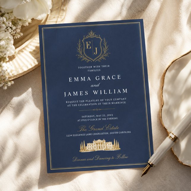 Invitation Monogramme de mariage bleu marine de luxe à l'anci (Créateur téléchargé)