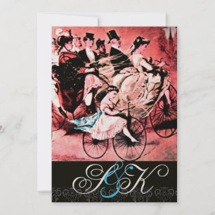INVITATION MONOGRAMME DE MARIAGE DAMASK BLACK BLEU RED BICYCL