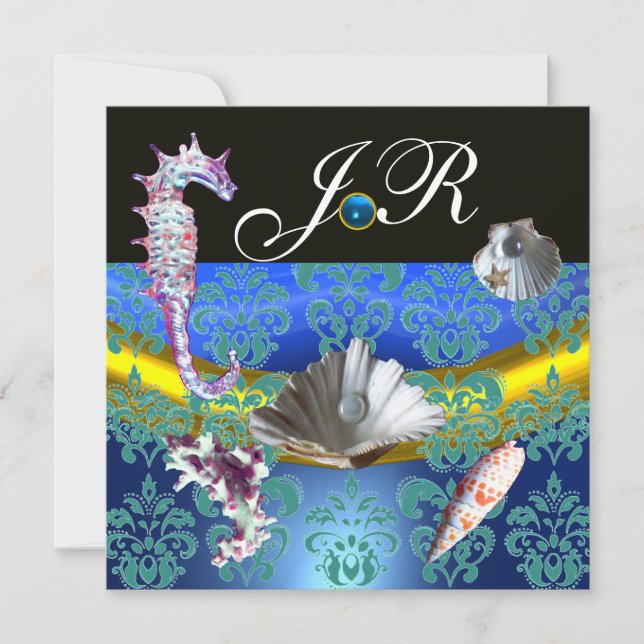 INVITATION MONOGRAMME DE MARIAGE DE LA PLAGE DE DAMASK AQUAMA (Devant)