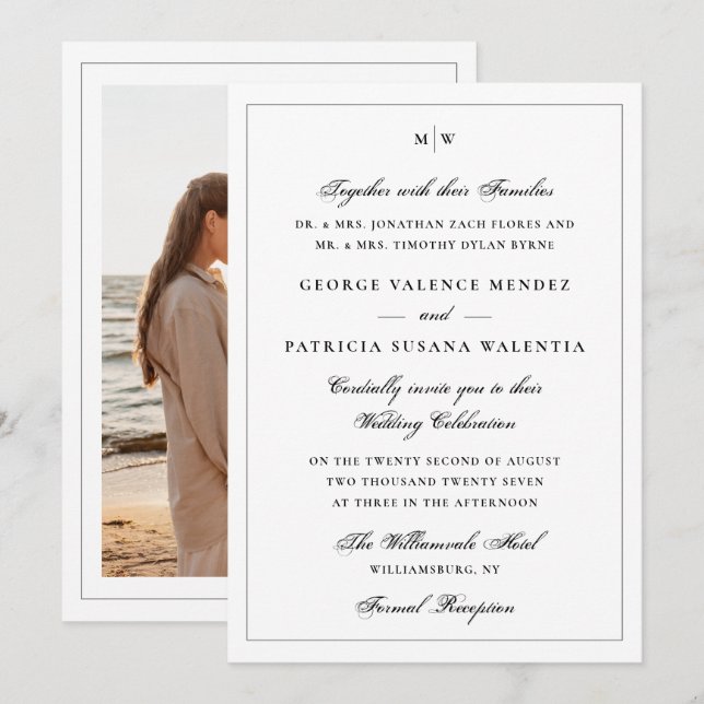 Invitation Monogramme de mariage élégant photo blanc (Devant / Derrière)