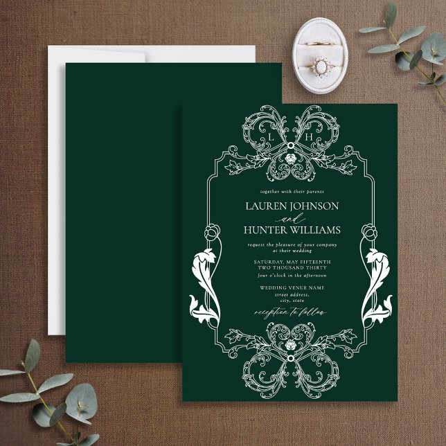 Invitation Monogramme de mariage en ligne d'art floral vert o (Créateur téléchargé)