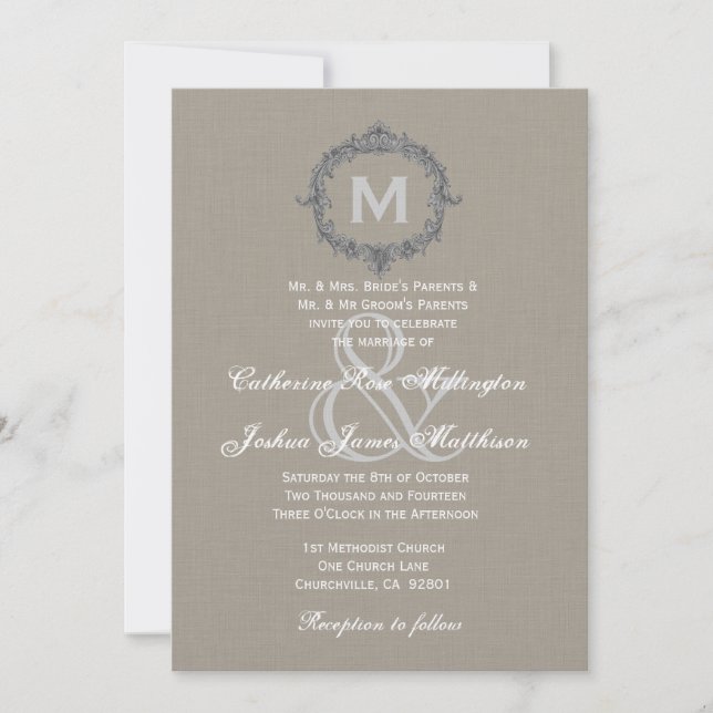 Invitation Monogramme de Mariage en toile de lin de galets et (Devant)