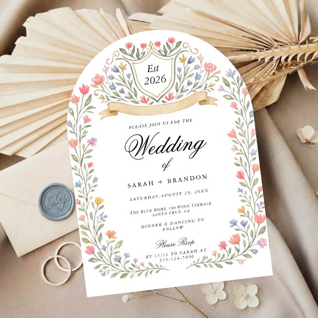 Invitation Monogramme de mariage floral arqué, Jardin romanti (Créateur téléchargé)