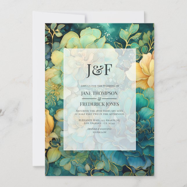 Invitation Monogramme de mariage floral au vert-de-gris et or (Devant)