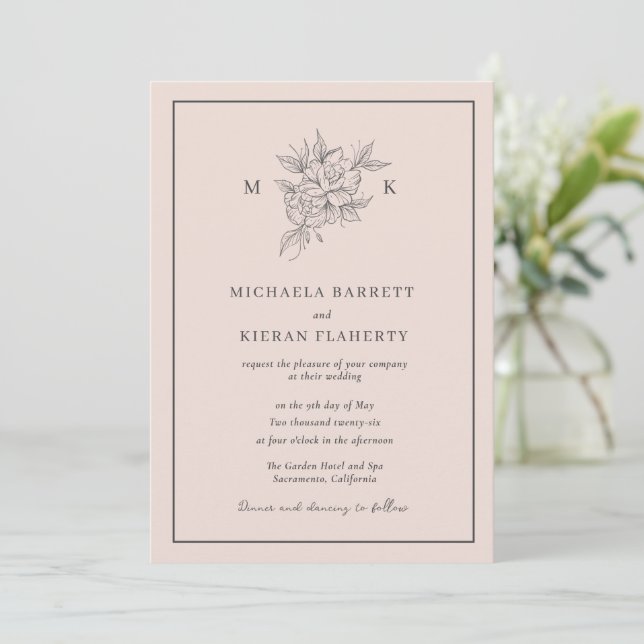 Invitation Monogramme de mariage floral botanique rose blush (Debout devant)