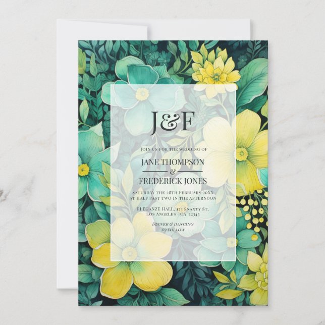 Invitation Monogramme de mariage floral jaune et vert (Devant)