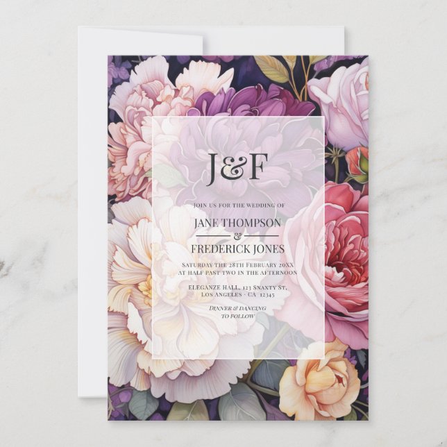 Invitation Monogramme de mariage floral mauve et champagne (Devant)