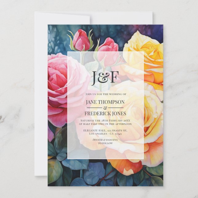 Invitation Monogramme de mariage floral rose, jaune et rose (Devant)