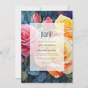 Invitation Monogramme de mariage floral rose, jaune et rose