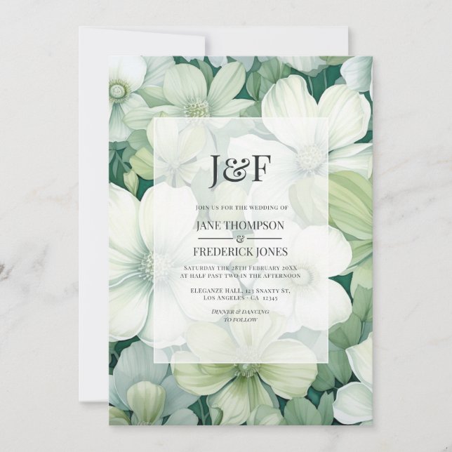 Invitation Monogramme de mariage floral vert sauge et blanc (Devant)