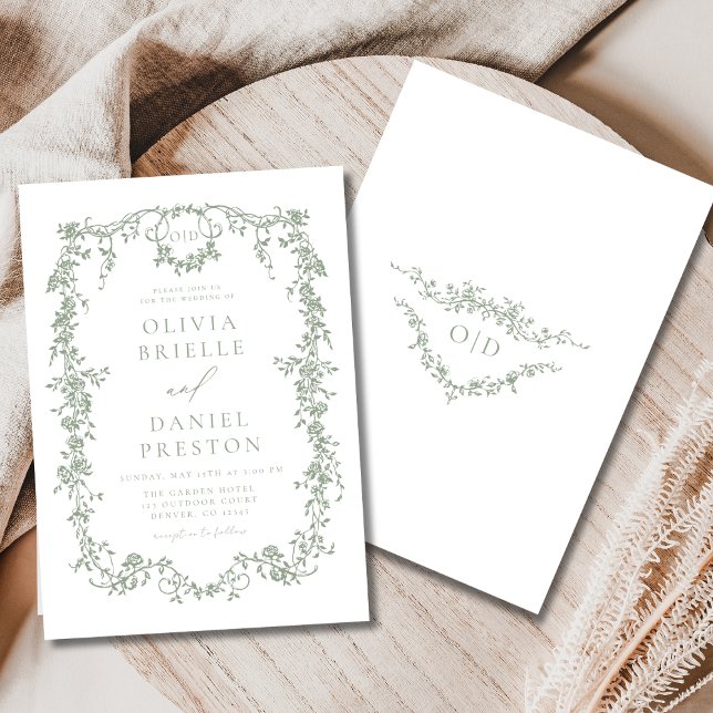 Invitation Monogramme de Mariage français victorien vert Sage (Créateur téléchargé)